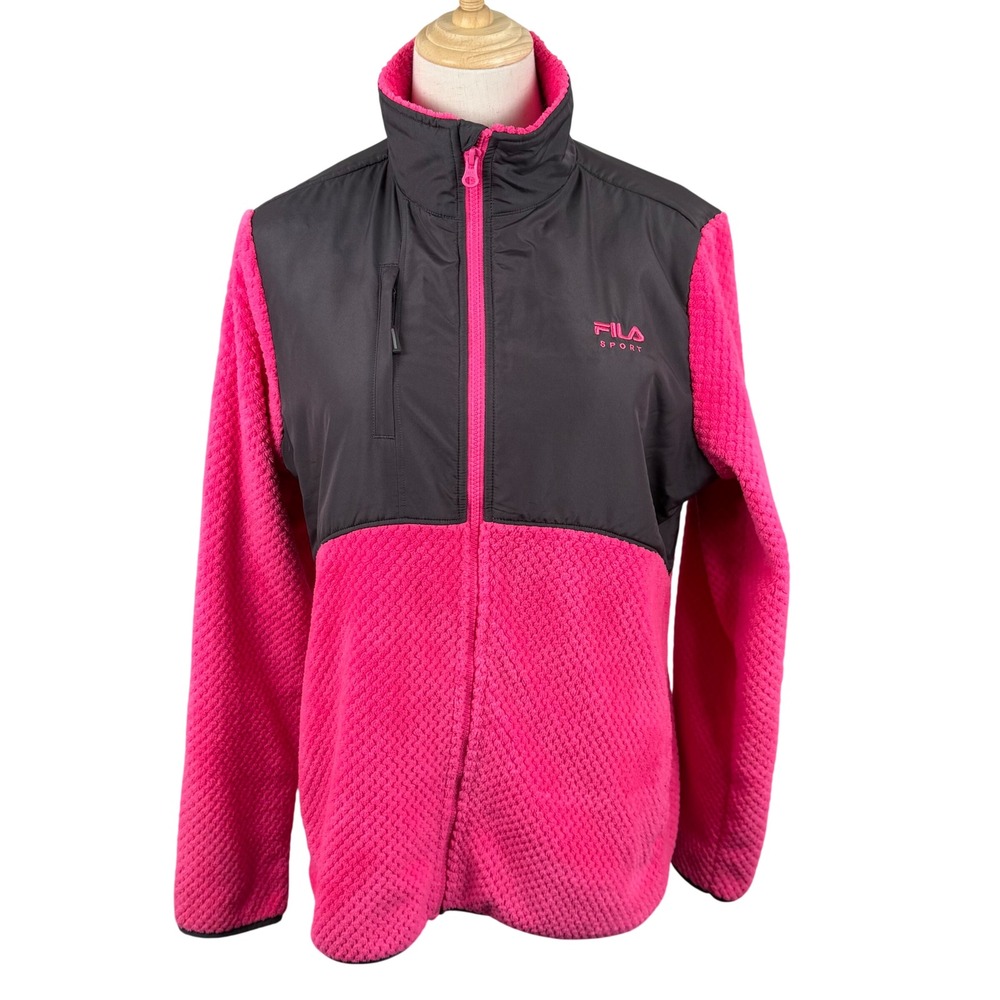 Fila Sport Cloud Peak L Full Zip Jacket Pink Grey Fleece Faux Fur Colorblock EUC